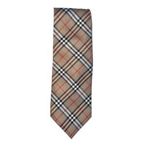 Burberry London Nova Check 100% Silk Tie Black White Red Plaid On Beige